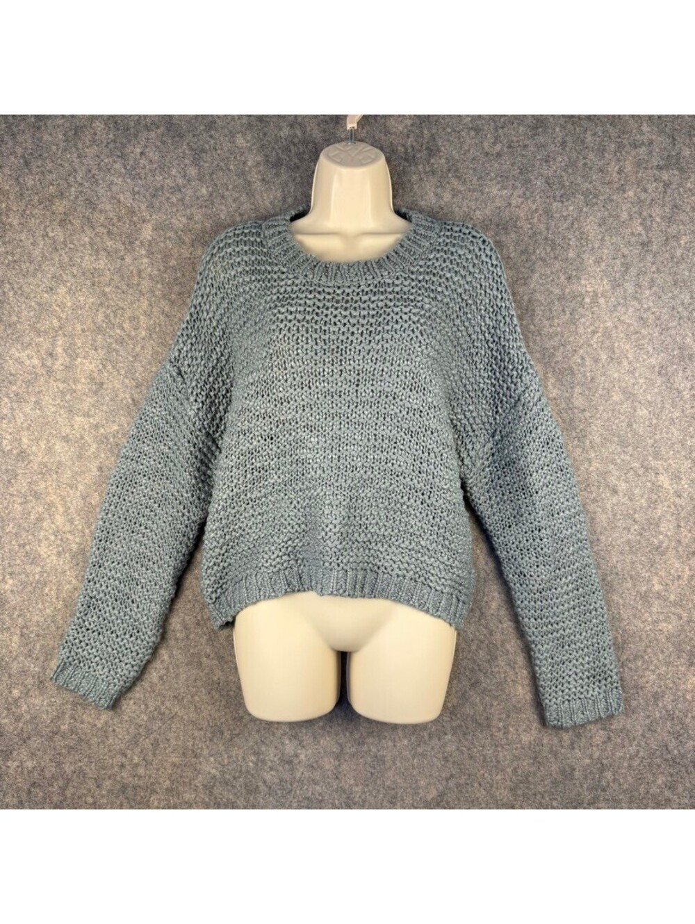 Chunky Waffle Knit Cropped Slate Blue Womens Crew Neck Sweater Est. Size M/L 442